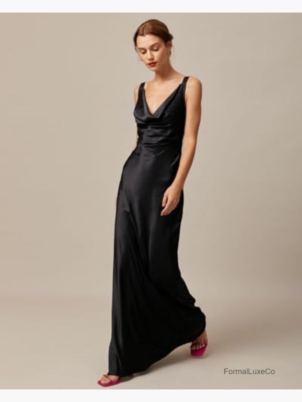 Satin Cowl Neck Sleeveless Bodycon Maxi Dress Formal Wedding Guest - Picture 2 of 7